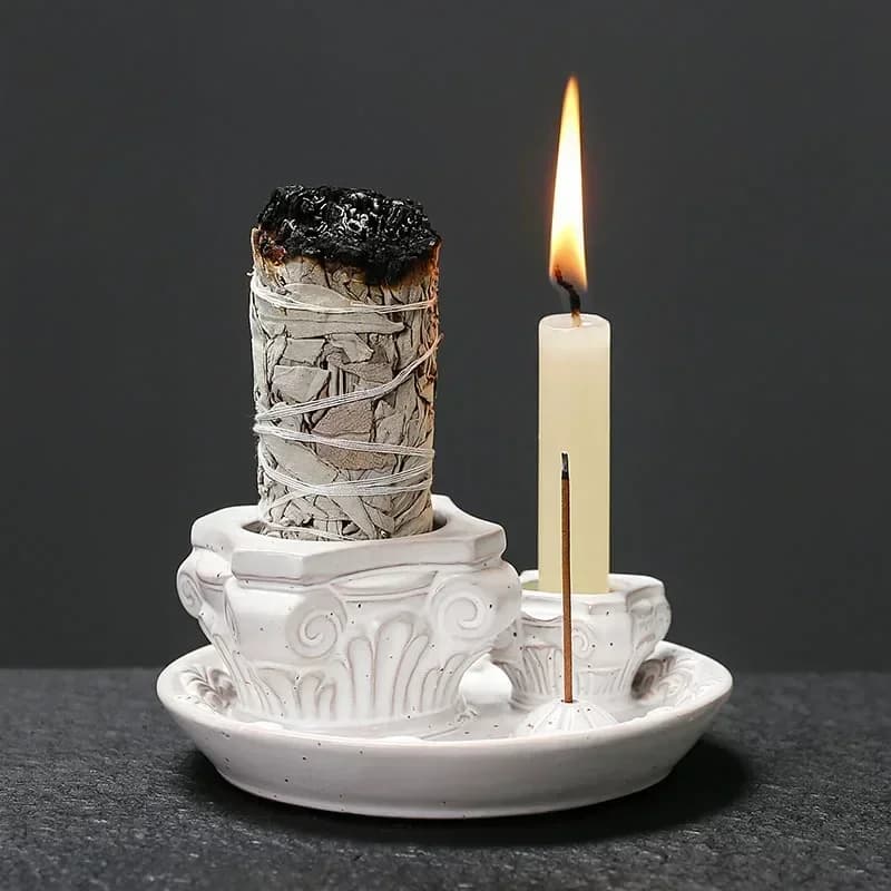 1 pz, portacandele a colonna romana con bruciatore di incenso in ceramica fatto a mano, vassoio Palo Santo e bruciatore di salvia (senza incenso)