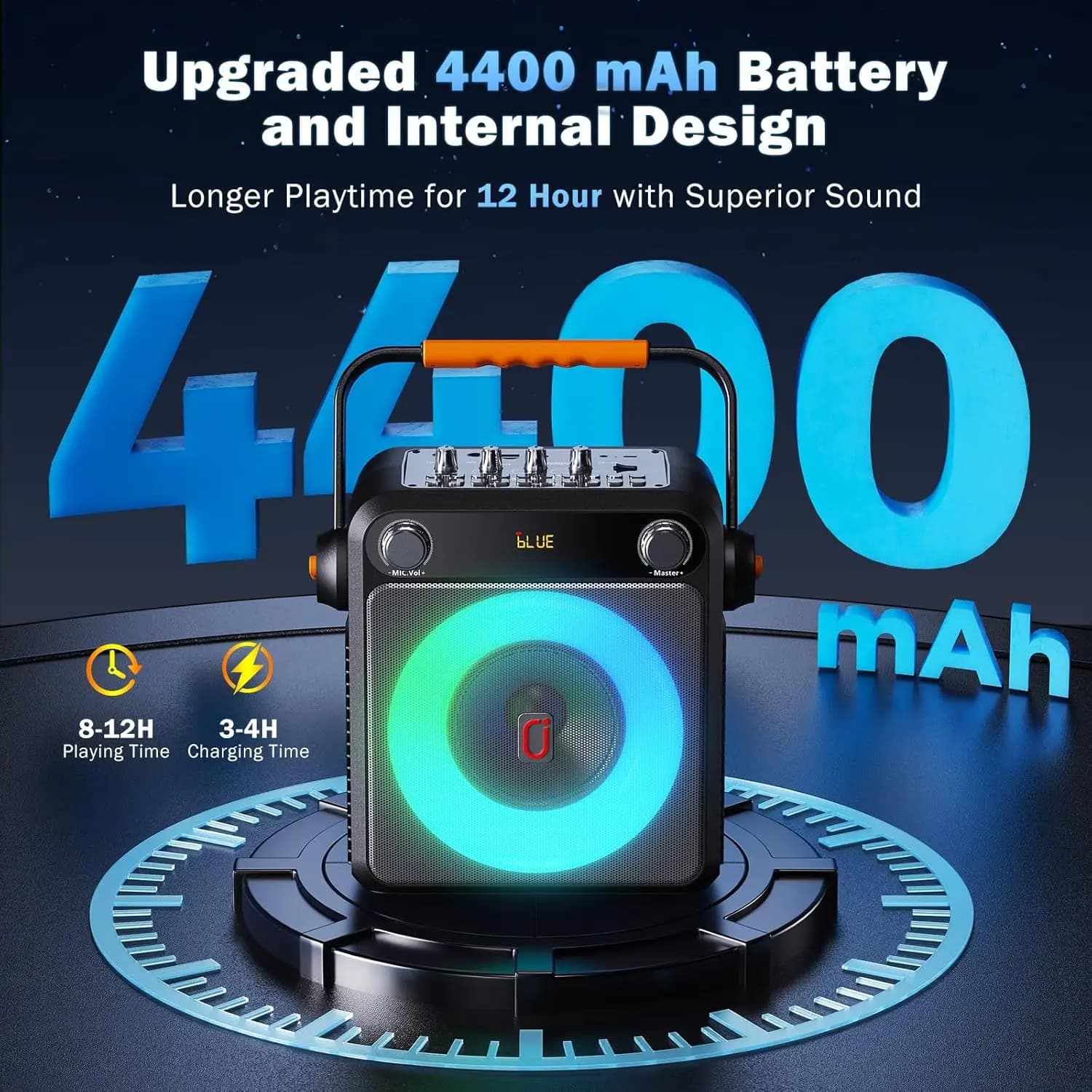 Macchina per karaoke da 4400 mAh con 2 microfoni wireless, microfono per karaoke con sistema PA, regolazione dei bassi/tri acuti, supporto USB/TF/AUX