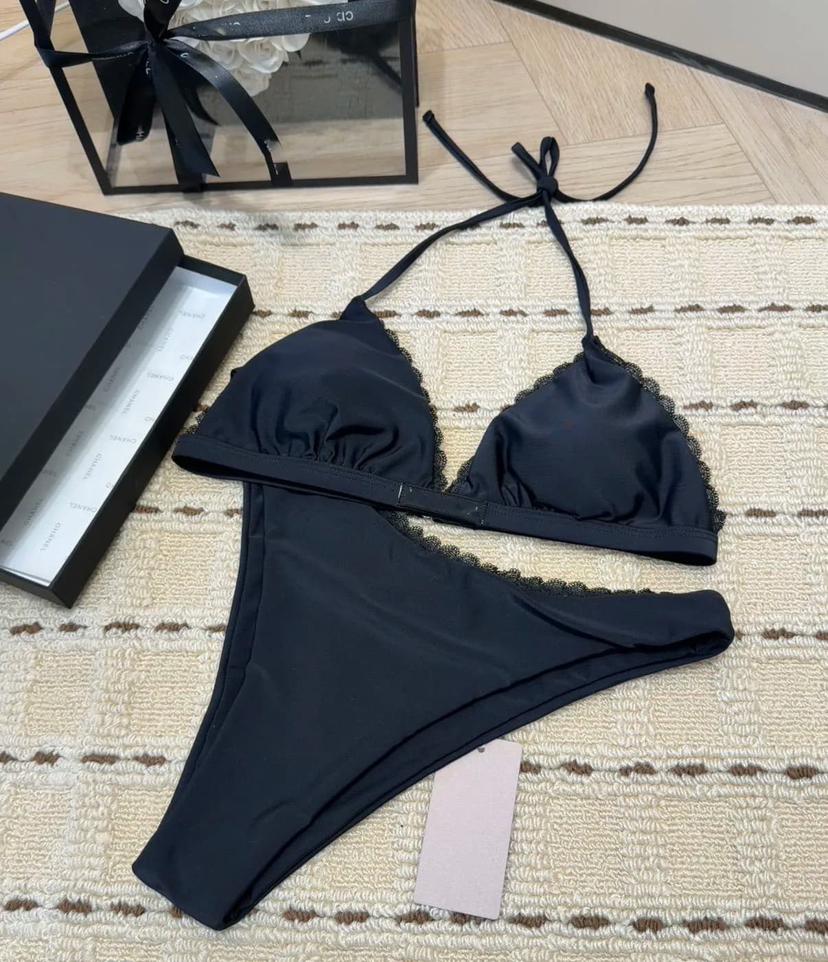 Costume da Bagno Bikini Nero Trendy con Dettaglio a Nastro, Nuovo Arrivo Elegante con Spalline Separate per Donna