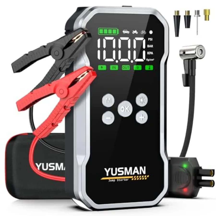 Avviatore di emergenza per auto con compressore d'aria per uso automobilistico, batteria agli ioni di litio, nero, 8000A di picco, gonfiaggio a 160 PSI, cavi intelligenti.