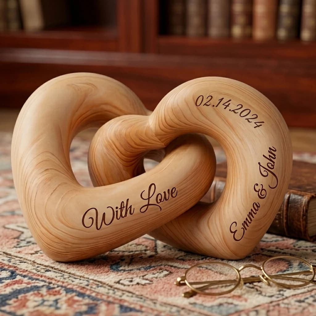 Personalized Wooden Heart Sculpture Custom Name Date Engraved Solid Wood Desk Ornament Home Decor Wedding Anniversary Gift