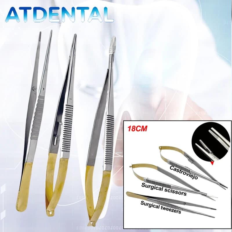 3 Pz/set Dentale Castroviejo Porta Ago 18 centimetri Forbici Chirurgiche Ortodontico Impianto Aghi Titolari Pinzette Strumenti di Odontoiatria