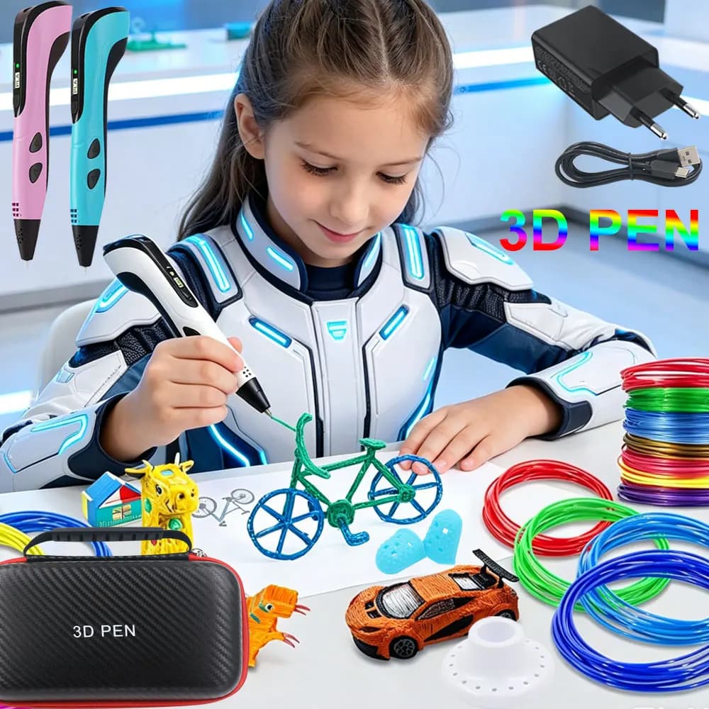 Set Creativo di Penne 3D per Bambini con Display LCD, Adattatore di Alimentazione, Custodia da Viaggio, Filamento PLA, Regalo di Compleanno e Natale per Bambini