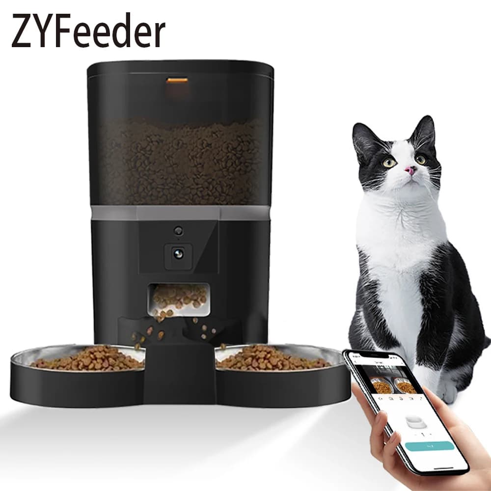 Alimentatore automatico per gatti da 4 litri Alimentatore intelligente per animali domestici per gatti Dispenser di cibo per cani di piccola taglia con registratore per fotocamera Doppia ciotola quantitativa