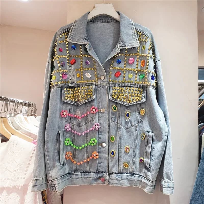 New Light Blue Denim Jacket with Rivets, Pearls and Diamonds, Women's Casual Style, with Rewind Collo and Long Sleeves