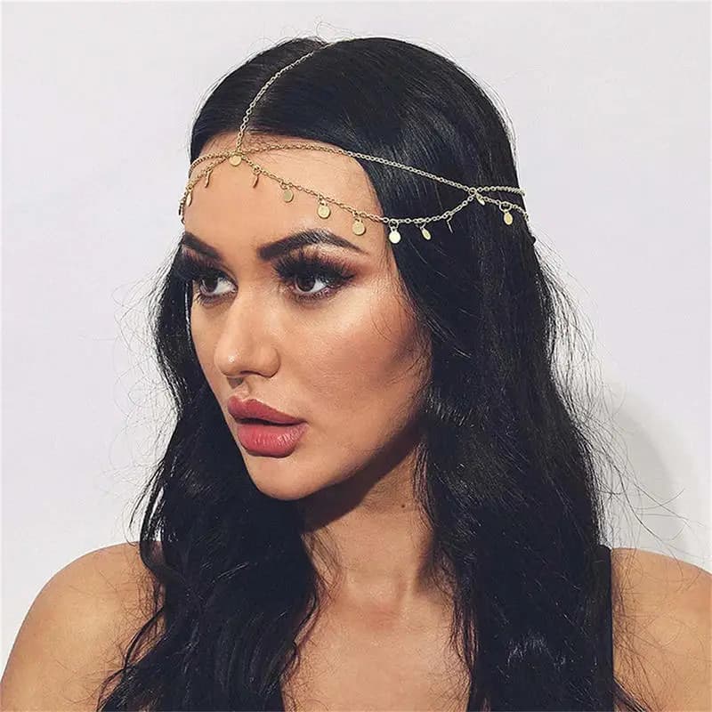 1 Pezzo Copricapo a Catena Dorata con Ciondoli a Disco, Accessorio per Capelli Stile Boho, Elegante Catena per la Testa per Festival e Feste