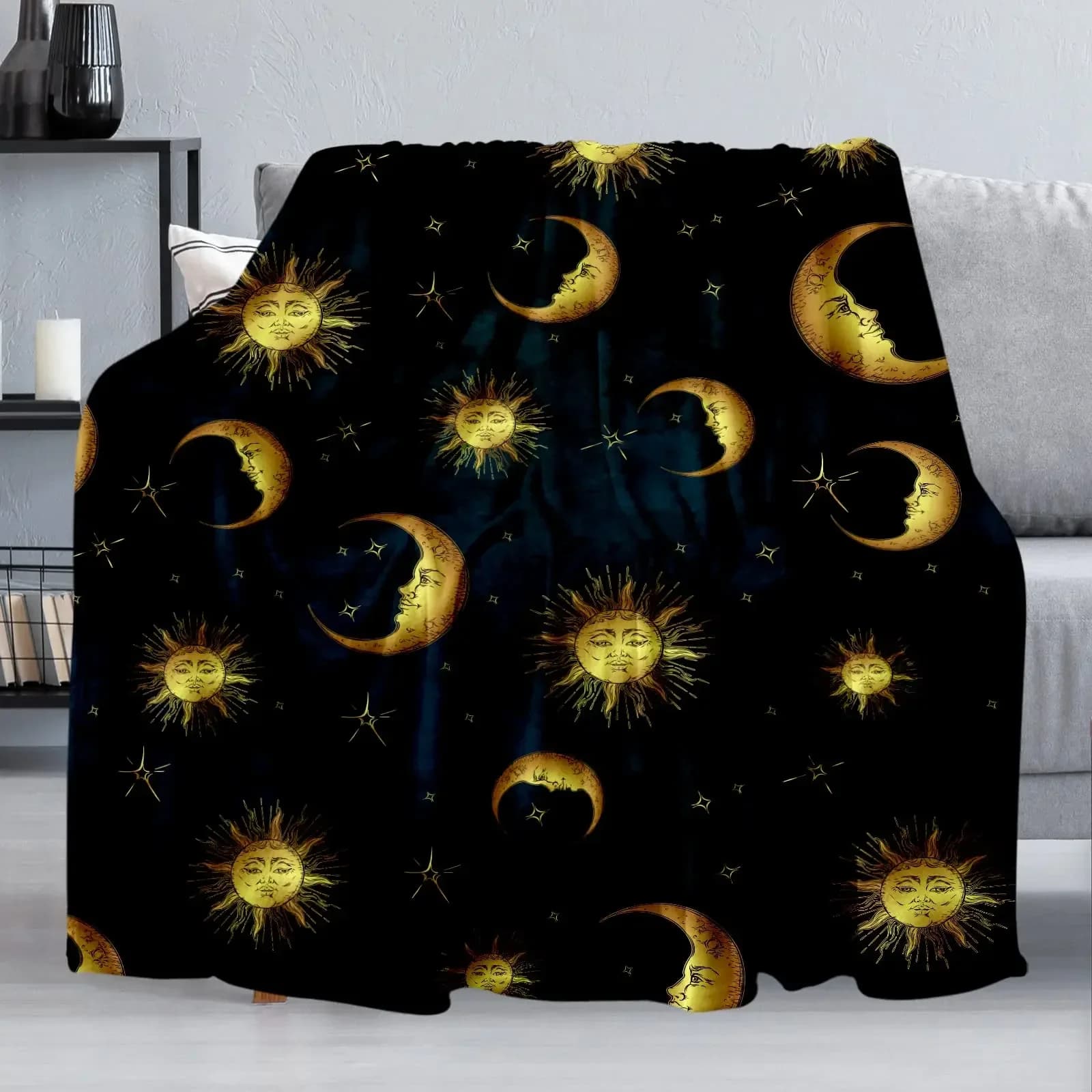 Coperte di flanella Boho Chic Golden Sun Moon and Stars Blue Black Sky coperte antiche coperta di lusso leggera, divano letto