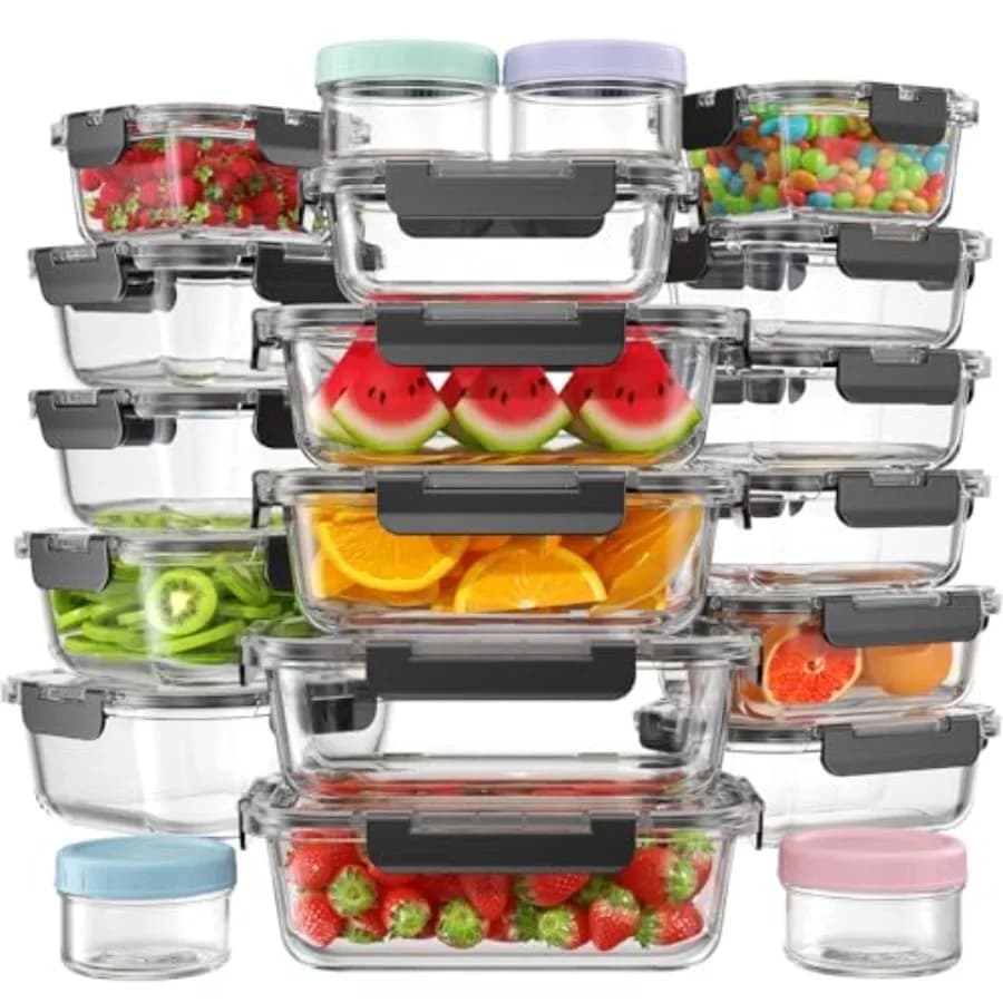 Set di 40 Contenitori in Vetro per Alimenti con Coperchi, 20 Contenitori e 20 Coperchi in Vetro Borosilicato per Conservazione in Cucina