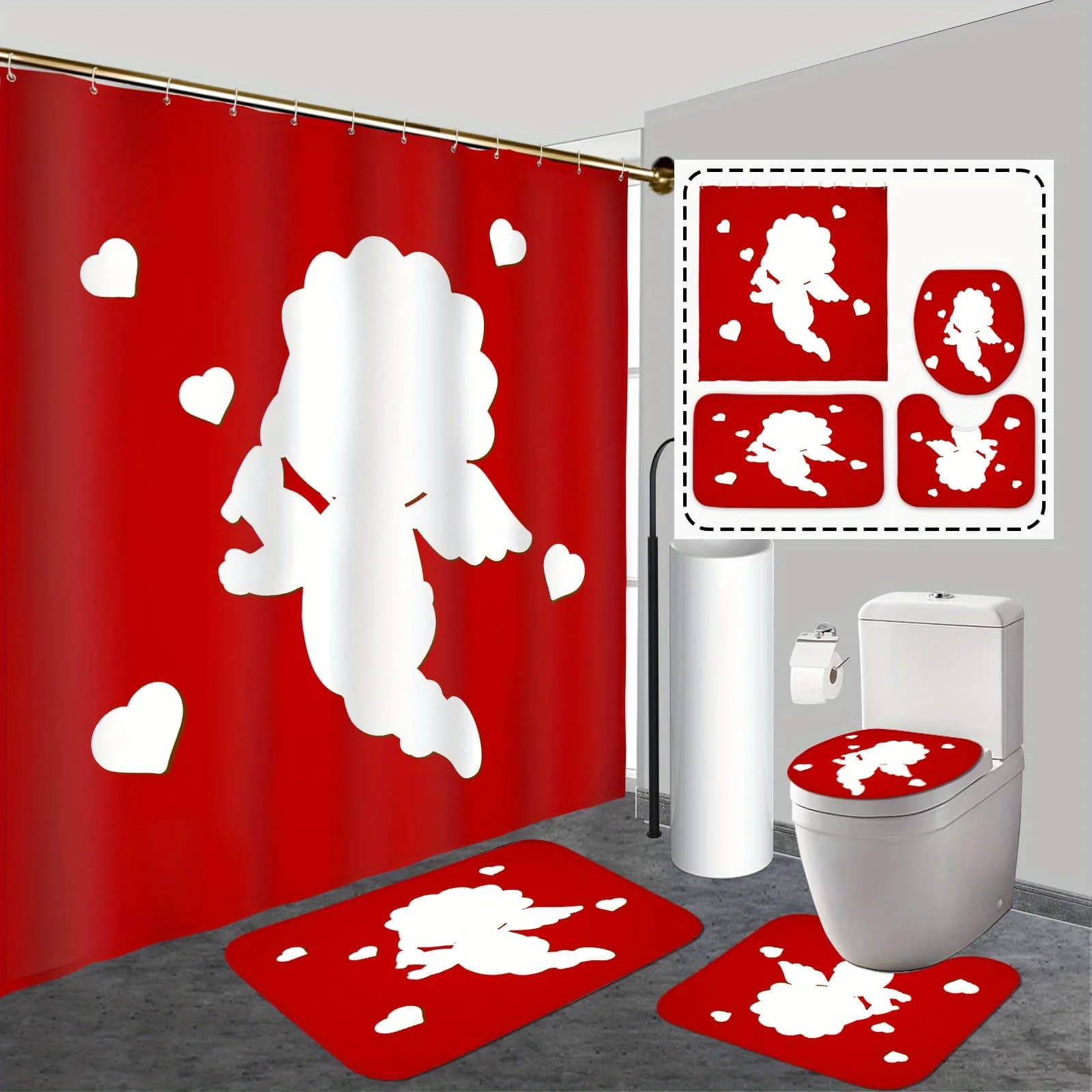 Set da bagno festivo da 4 pezzi: tenda da doccia Cupido con 12 ganci, tappetini antiscivolo e copriwater per l'arredamento di San Valentino/Capodanno ‌