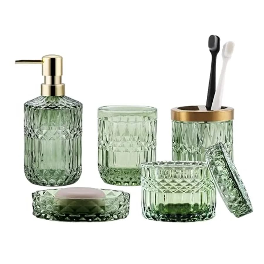 Set di Accessori per Bagno Verde 5 Pezzi in Vetro Trasparente: Dispenser Sapone, Porta Sapone, Porta Spazzolino, Bicchiere