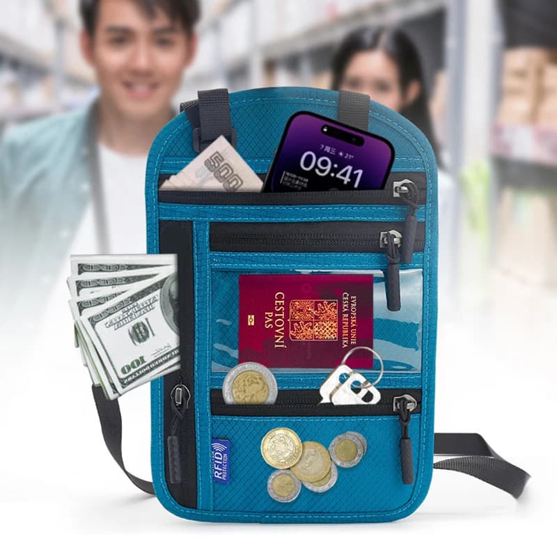 Custodia da viaggio Portafoglio appeso al collo Porta passaporto Blocco RFID Multifunzionale Multi tasche Passaporto Documento ID Borsa per carte di credito