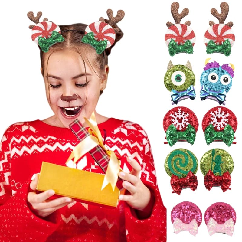 2024 Disney Christmas 2.8 "Tope Eyes Hair Clips for Kids Sequins Bow Hairpins Girls Festival Party Hair Accessories DIY