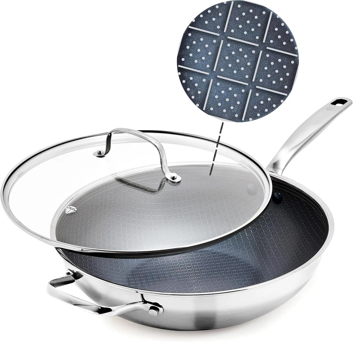 12 Inch Stainless Steel Hybrid Wok With Cover, Free Diamond Bond Ceramic Iron-fry Board, Suitable for Induction, Dishwasher Washable