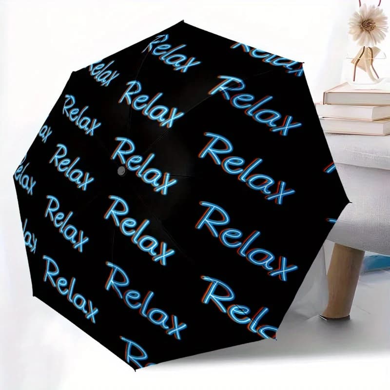 Ombrello Pieghevole Automatico con Luce Blu e Scritta 'Relax' - Design Compatto a 8 Stecche, Apertura Automatica