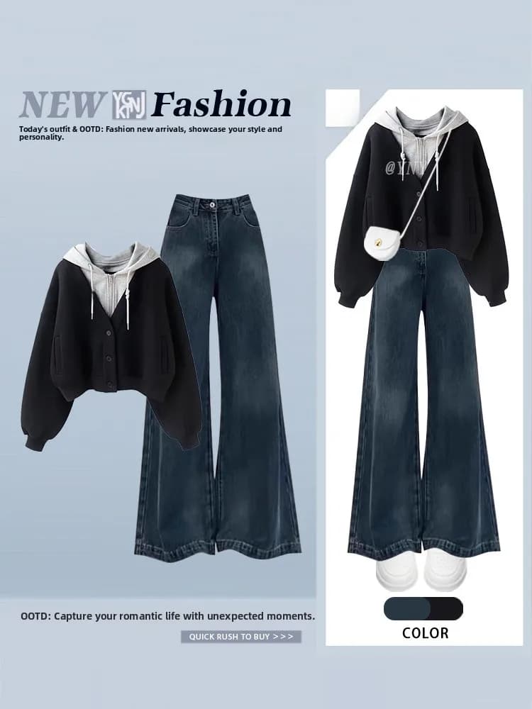 Women's Casual Korean Set: Patchwork Style College Hoodie and Jeans in Gamba Larga Slender Effect for Autumn Winter
