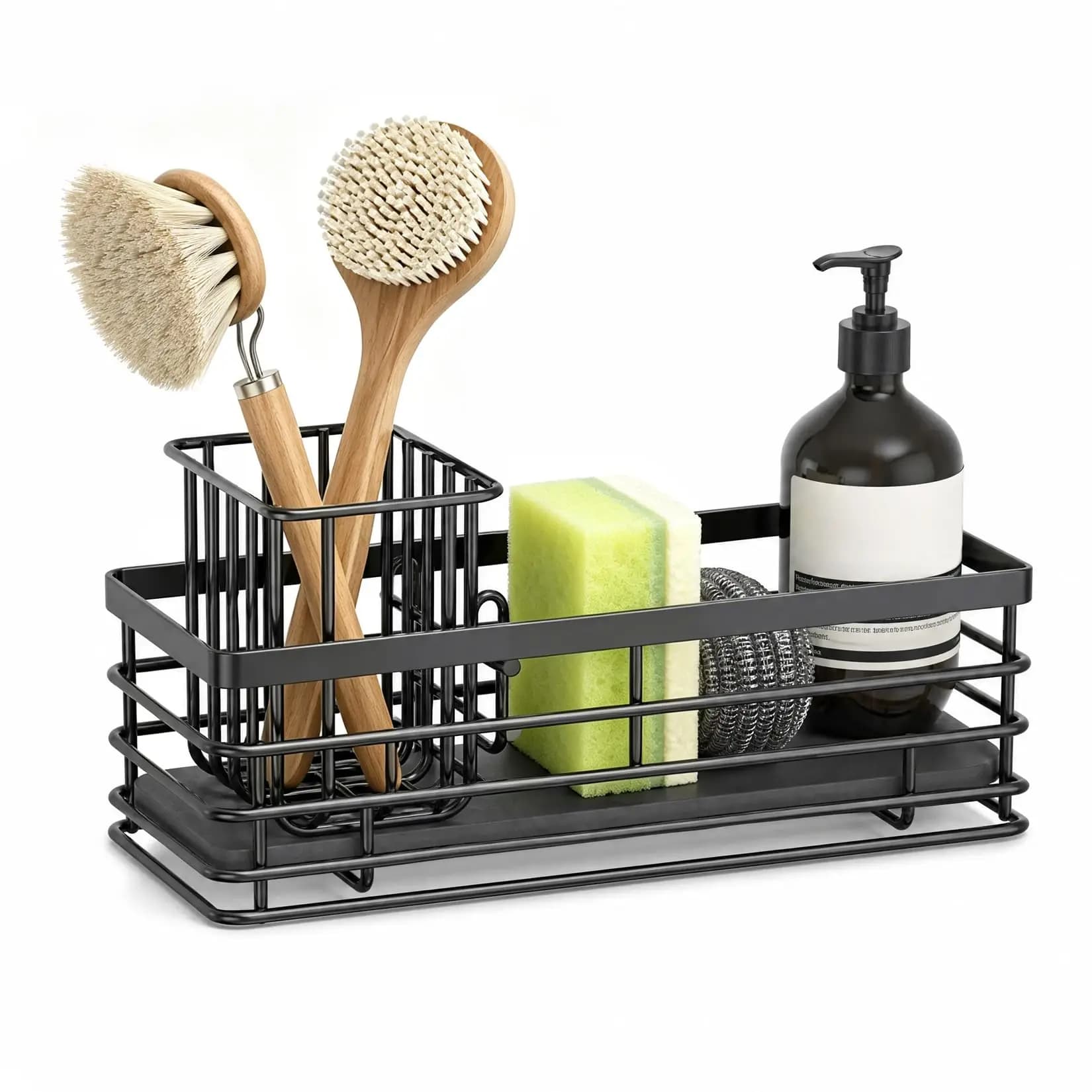 Multi Purpose Black Alloy Kitchen Basin Caddy Organizer Countertop Storage Rack With Toothbrush Holder Holds Sponge Soap Utensils For Kitchen And Bathroom Organization