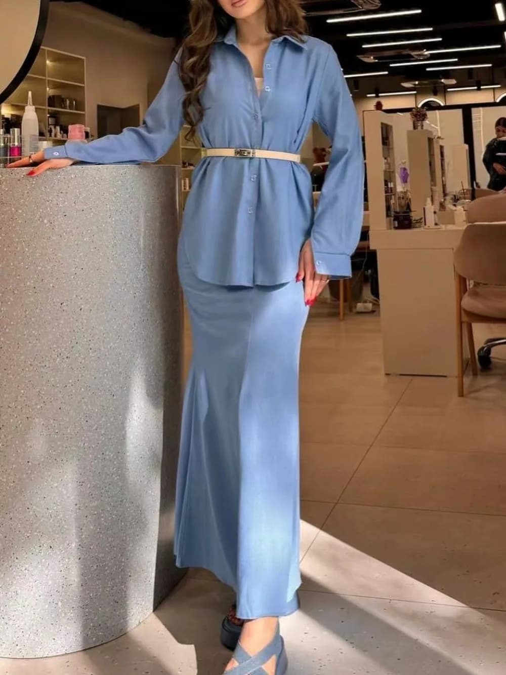 Eid Set musulmano Set da 2 pezzi per donna camicia abbottonata e gonna Ramadan donna Kimono Robe caftano 2024 Musulman Ensembles Suits