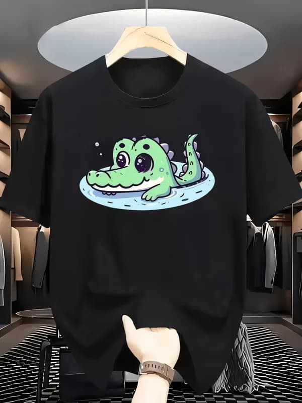 Cute Green Crocodile Cartoon Graphic T-Shirt Short Sleeve Round Neck Summer Casual Cotton Tee Creative Animal Print Unisex Top