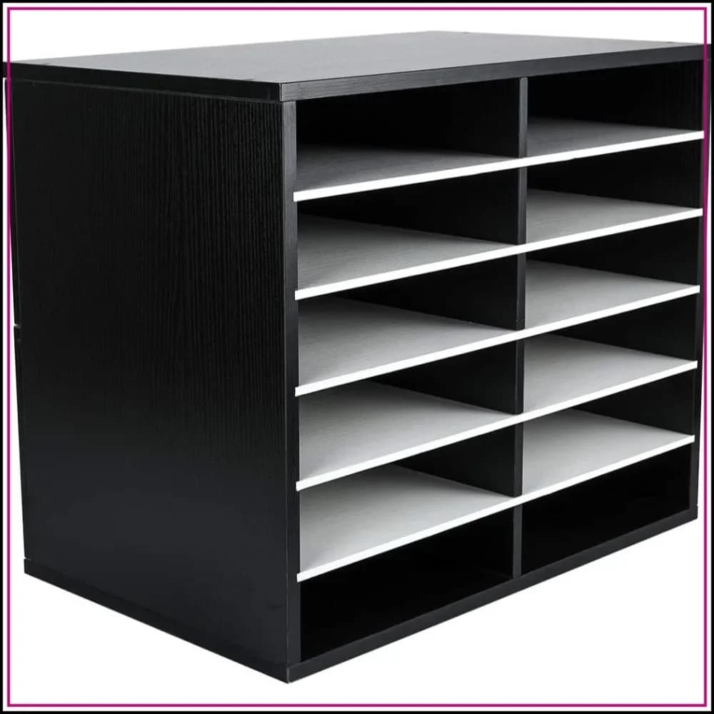 12-Compartment Wooden Paper Organizer with Adjustable Shelves, 6000 Sheets Capacity, Mail Sorter for Office/Classroom, Black/White