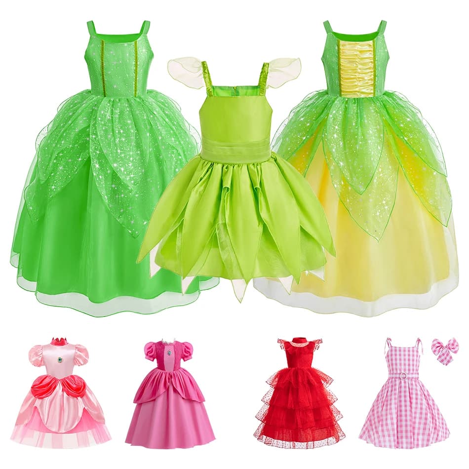 Abito da Principessa Rosa Pesca per Bambine Estate 2026, Vestiti da Regina Elfica, Costumi per Feste di Compleanno e Natale, Abbigliamento Cosplay Barbi