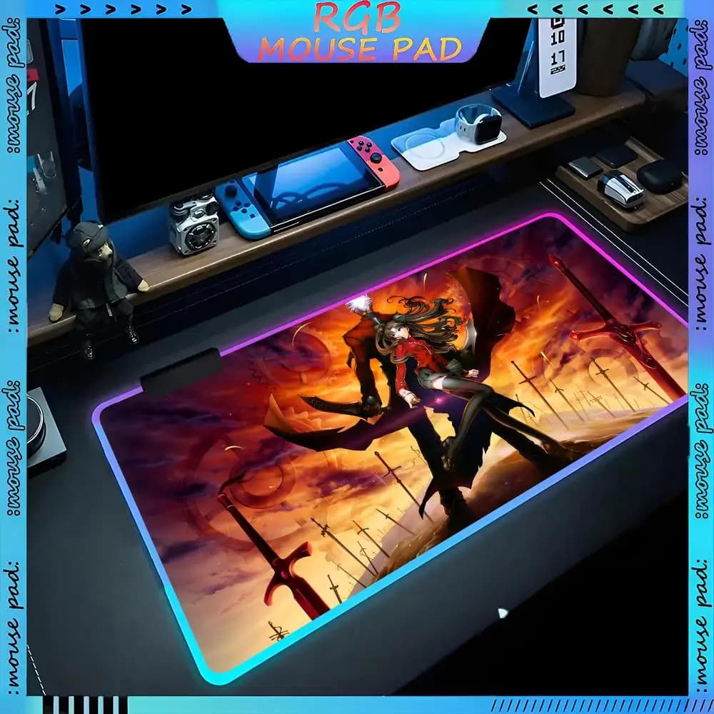 Rin Tohsaka Mouse Pad RGB Pc Accessories LED Game Desk Mat E-sport Table Protector Neon Keyboard Mat Backlit Carpet Rug Give gif
