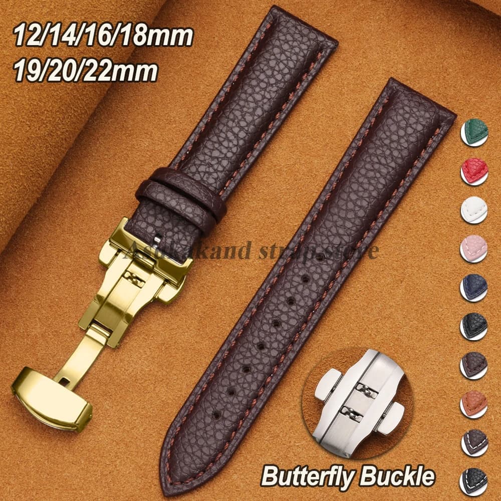 12/14/16/18/19/20/22mm Universal Calfskin Watchband Litchi Grain Strap Leather Wristwatch Butterfly Buckle Men Watch Accessories