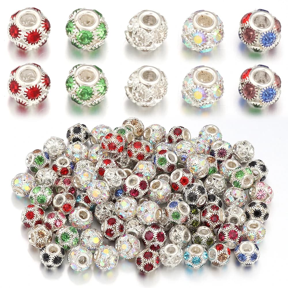 5pcs 12mm Rhinestone Crystal Beads Colorful Big Hole Metal Ball Spacer Bead For Jewelry Making DIY Bracelet Necklace Accessories