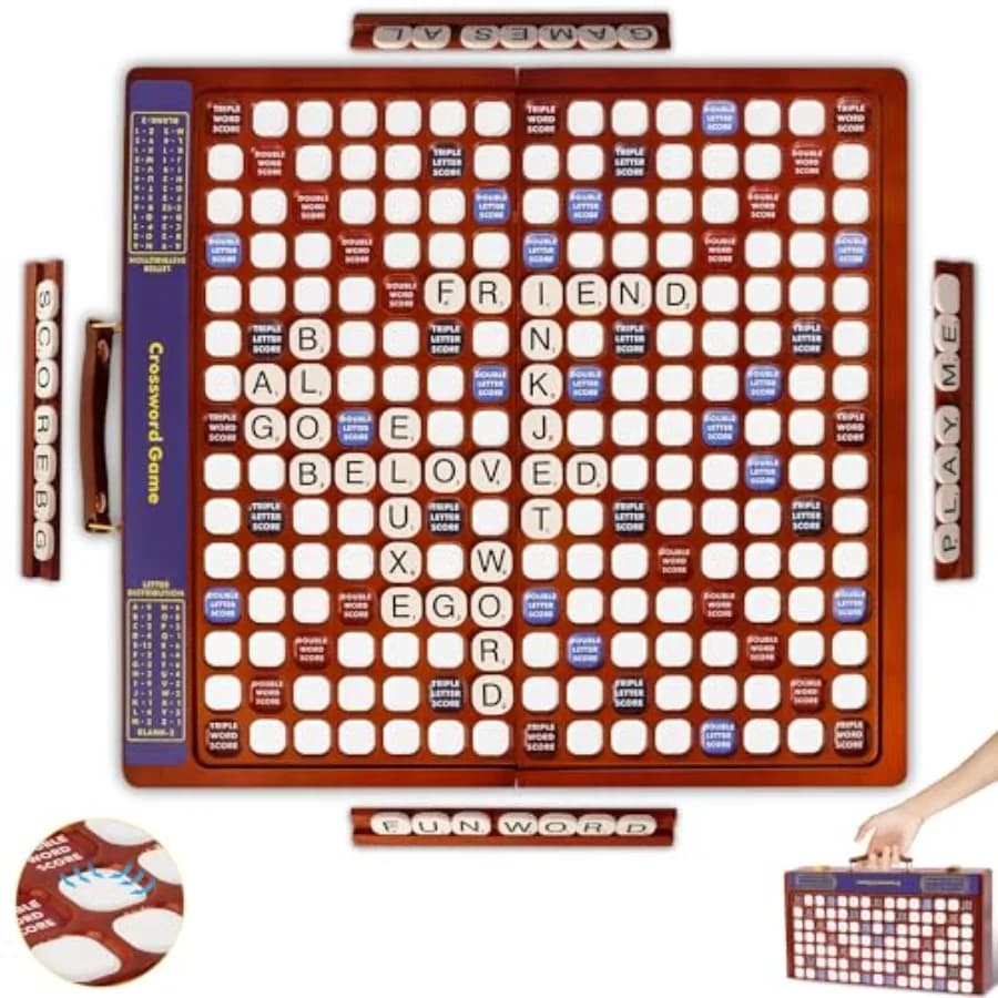 Gioco di cruciverba per uso familiare con tavola rotante in legno nera, pieghevole in una custodia portatile con finitura di lusso e 100 lettere