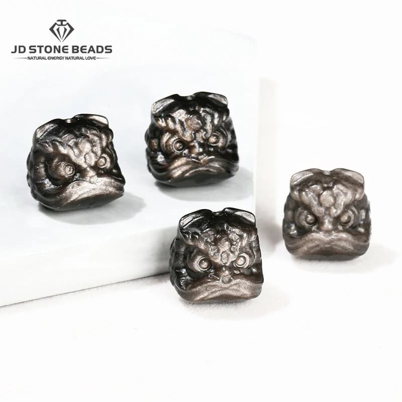 1 Pc Natural Stone Silver Obsidian Carved Lion Head Bead With Hole Brave Wealth Pendant For Jewelry Making Diy Necklace Bracelet