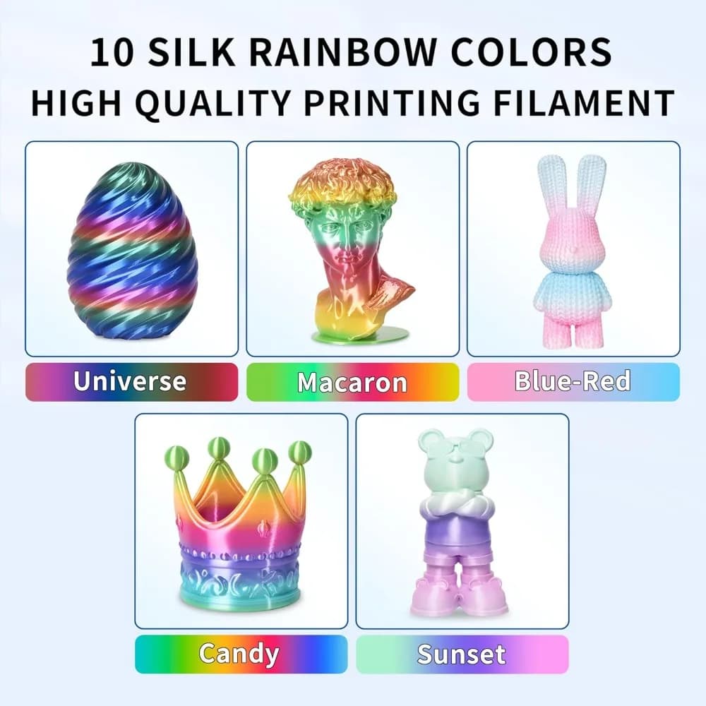 New Upgrade US Shipping 10 Colors Silk Rainbow PLA 3D Printer Filament 1.75mm 10kg Bundle Multicolor Gradient Filament for FDM 3