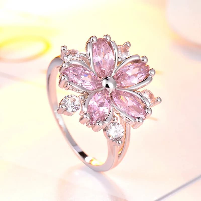 Anelli di fiori di ciliegio con zirconi stile semplice di moda per le donne Anello di lusso leggero di fascia alta in argento 925 con gioielli romantici da sposa