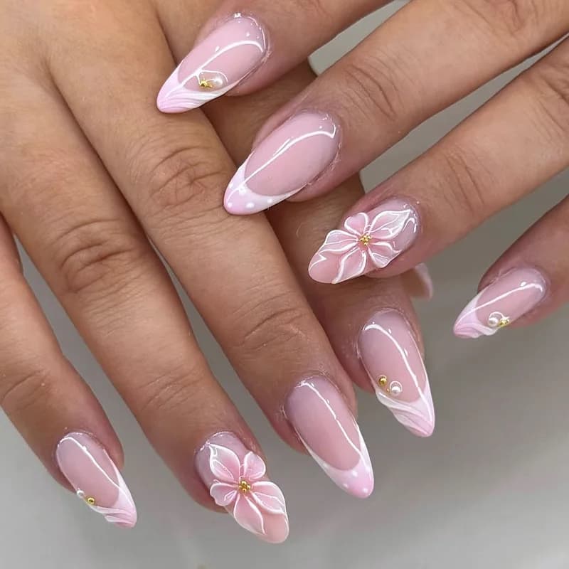 24 Unghie Finte a Pressione con Design Floreale e Perle, Unghie Finte Corte a Mandorla, Design Sfumato Rosa, Nail Art Blush Spicy Girl