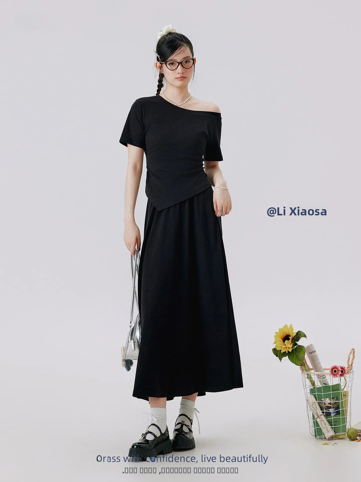 Li Xiaolong Casual plus Size Knitted Set Women's Shoulder Bared Asymmetrical Hem Top High Waist Slim A-Line Skirt