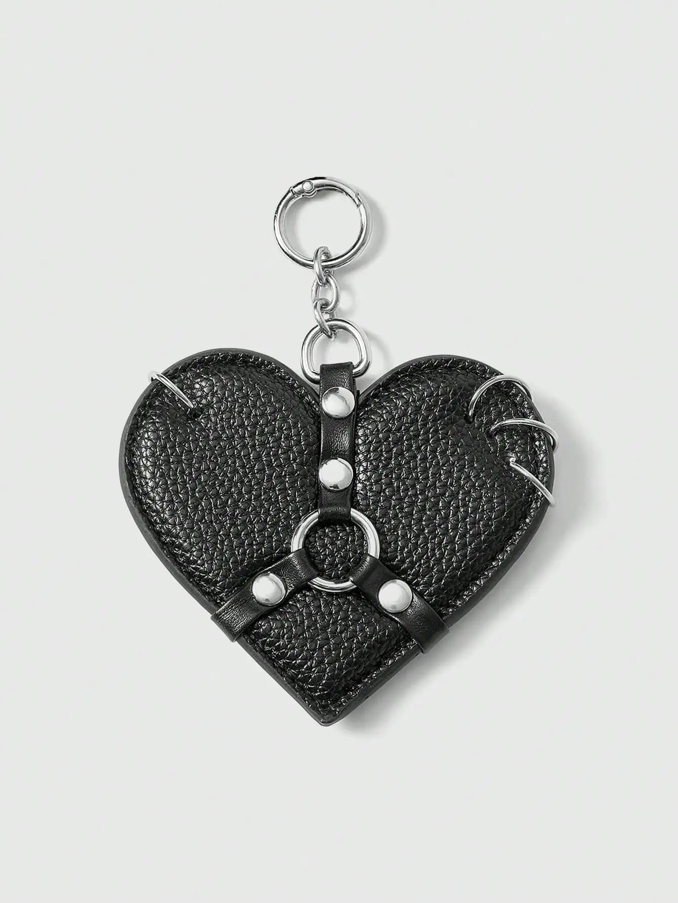 Black Punk Goth Heart Shape Keychain with Rivet Ring and Lock Closure, Daily Bag Charm