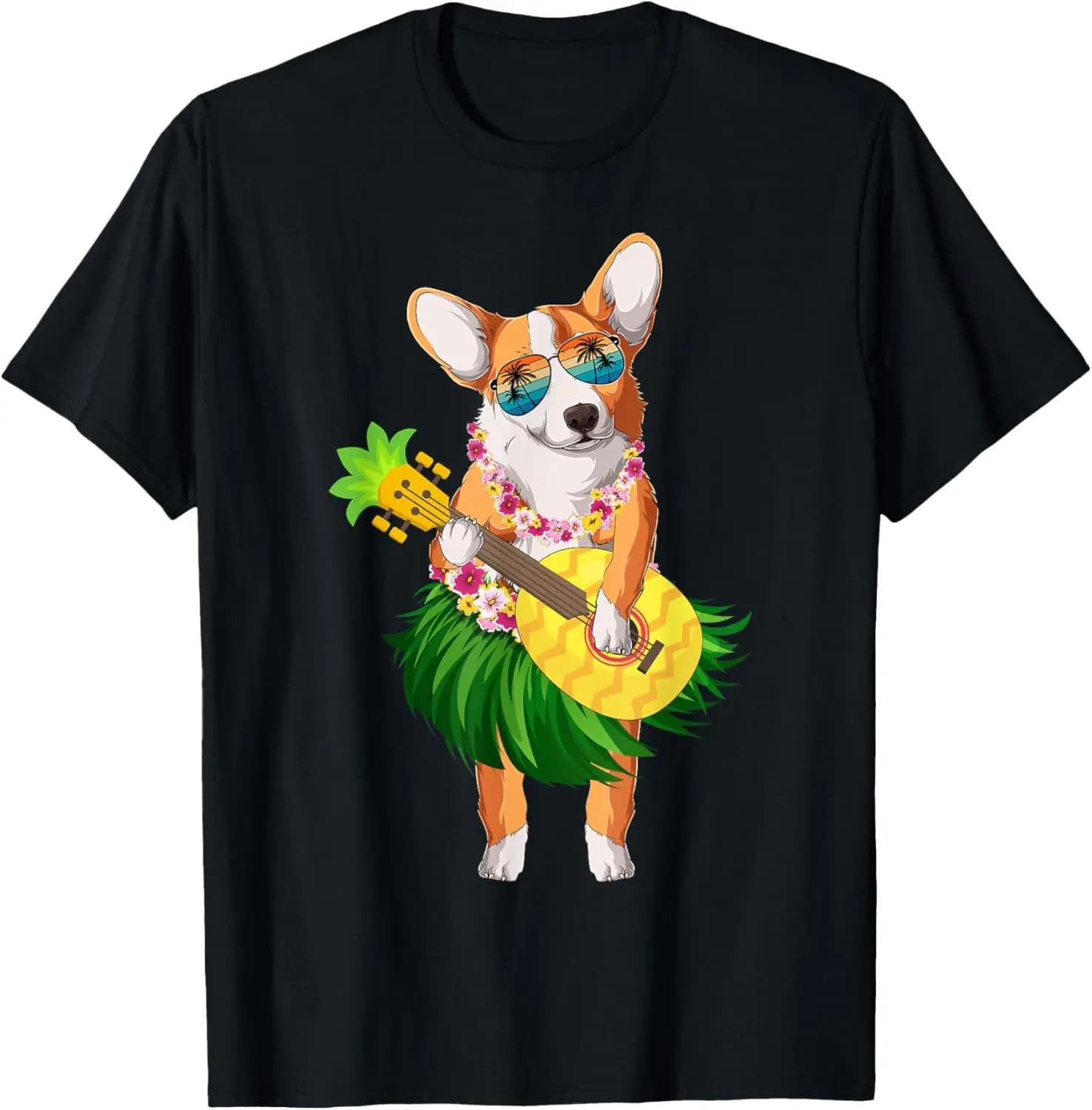 T-shirt per le vacanze estive con cane Corgi hawaiano e ananas Ukulele