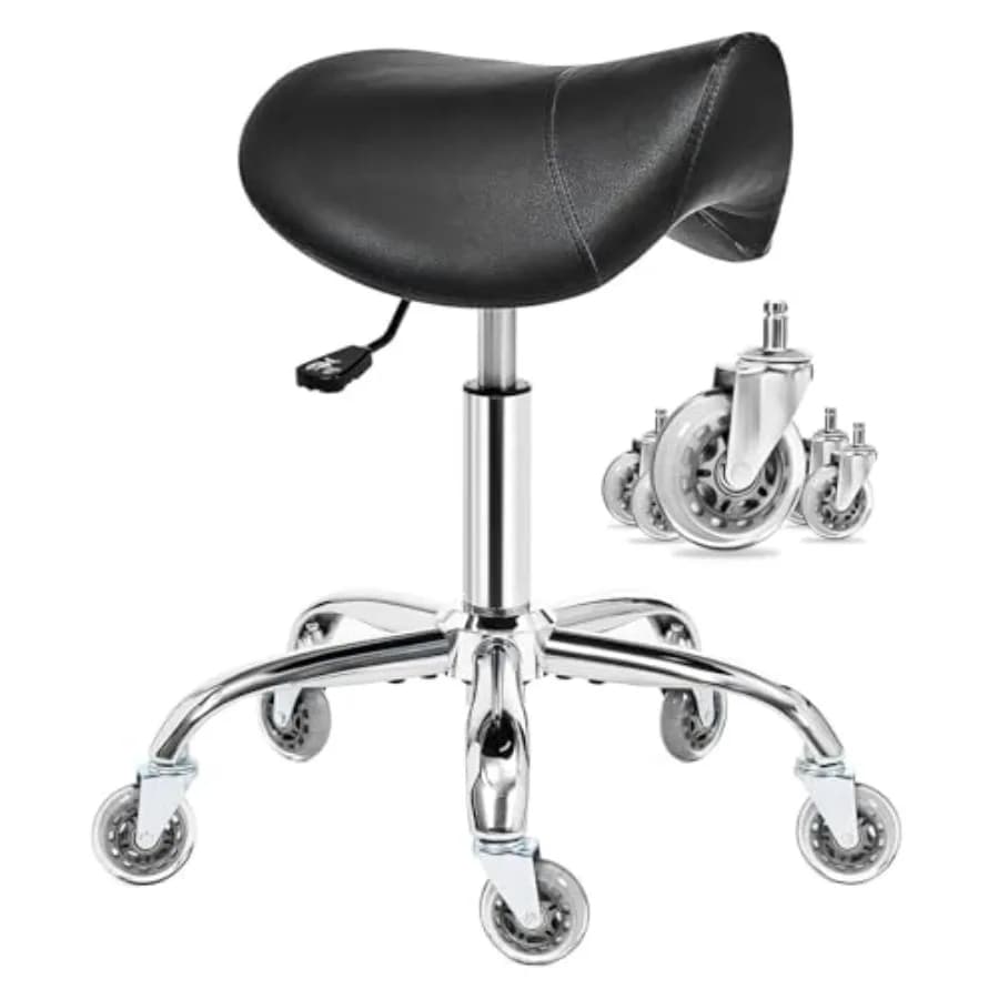 Sgabello a sella con ruote, sedile ergonomico sagomato, sedia a sella girevole in pelle PU spessa e imbottita con altezza regolabile per A
