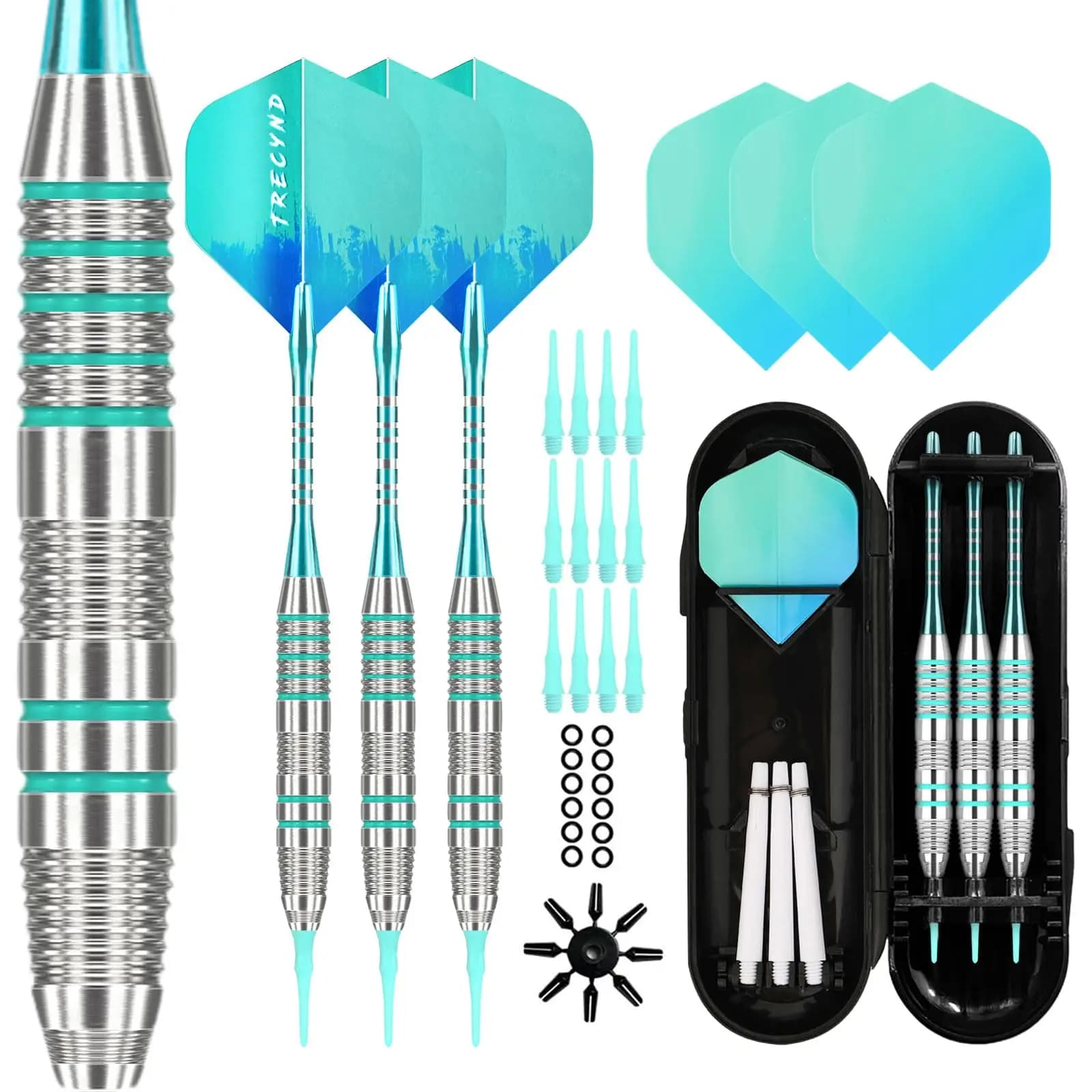 3Pcs Soft Tip Darts Set Silver Teal Knurled Barrel Gradient Blue Dart Flights Storage Case Full Accessories For Electronic Dartb