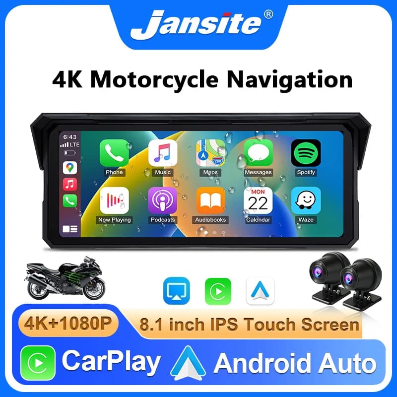Dash Cam per Moto da 8,1 Pollici 4K con Navigazione GPS, CarPlay Wireless, Android Auto, Bluetooth, Monitor Touch Screen Impermeabile IPX7
