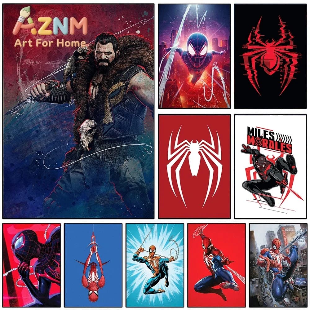 2D Flat Posters & Prints,Kraven The Hunter And Miles Morales Spider-Man Canvas Wall Art,2D Flat Frameless Superhero Comic Prin