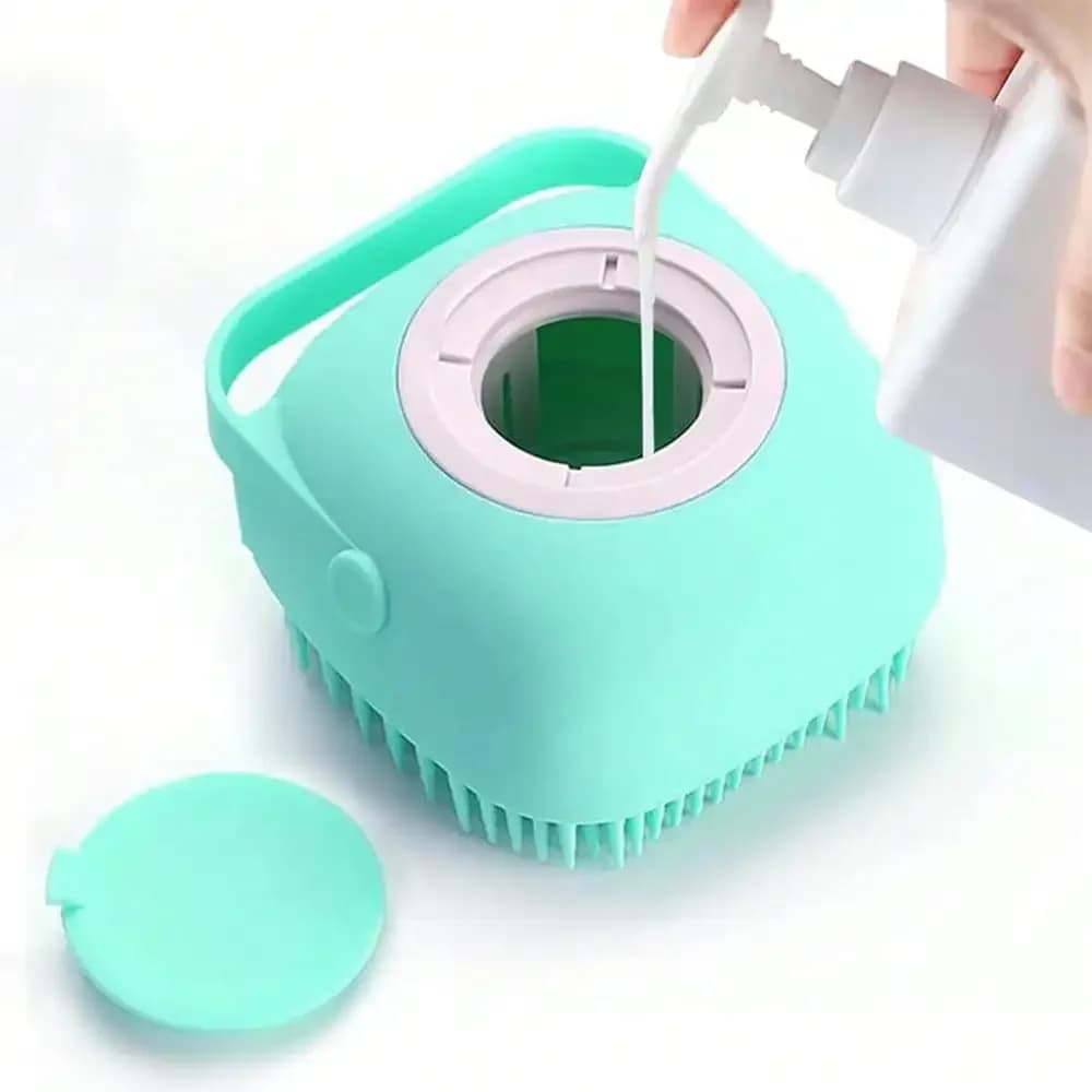 Spazzola da bagno per animali domestici 1 pezzo, strumento per toelettatura in gomma per massaggio in silicone con contenitore per shampoo per cani e gatti, setole delicate per il bagno di animali domestici