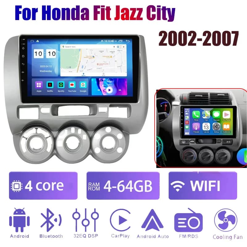 9 "4 + 64GB 2 Din Android Autoradio Per Honda Fit Jazz City 2002-2007 Lettore Video Multimediale di Navigazione GPS Carplay Auto Stereo R