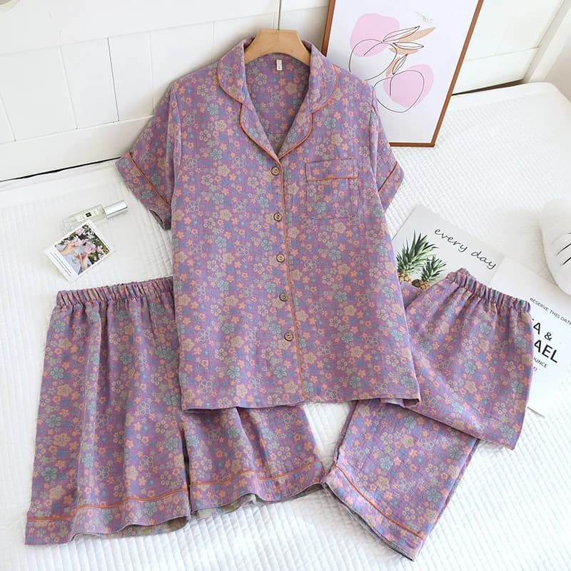 Pigiama da donna a maniche corte Pigiama da donna Set Pigiama di cotone di garza Estate Nuovo 3 pezzi Abbigliamento da notte floreale per la casa per donna