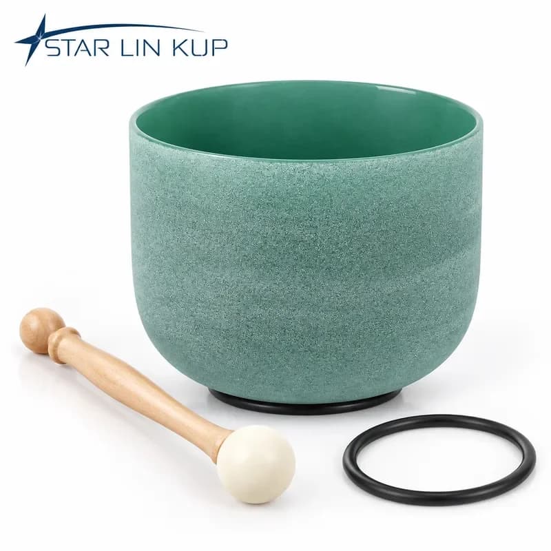 STAR LIN KUP 8 Inch Emerald Frosted Quartz Crystal Singing Bowl with Mallet Gemstone Fusion Chakra Healing Meditation Sound
