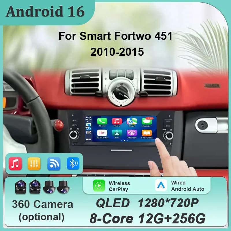Autoradio Android 16 da 7 pollici per Smart Fortwo 451 2010-2015 con navigatore GPS, WiFi, Bluetooth, radio FM, touchscreen, lettore multimediale e stereo.
