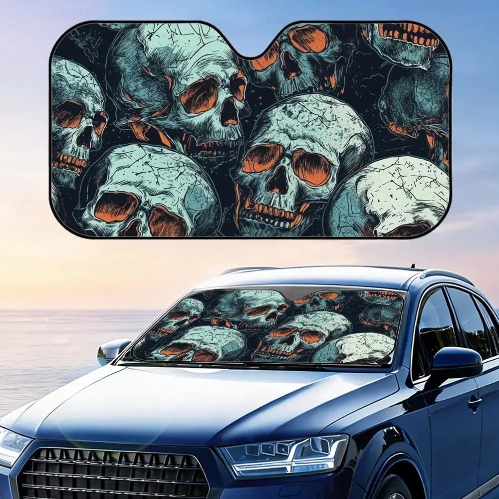 Parasole per Auto con Motivo Teschio Gotico, Riutilizzabile in Alluminio, Protezione UV, Isolamento Termico, Copertura per Parabrezza