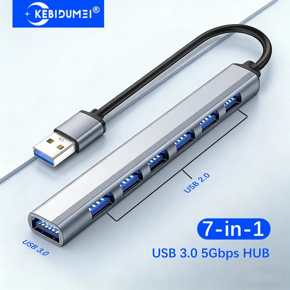 KEBIDUMEI HUB USB 3.0 7-in-1 con trasmissione a 5 Gbps, docking station USB C, splitter USB 3.0, adattatore OTG TYPE-C per PC, laptop, Macbook