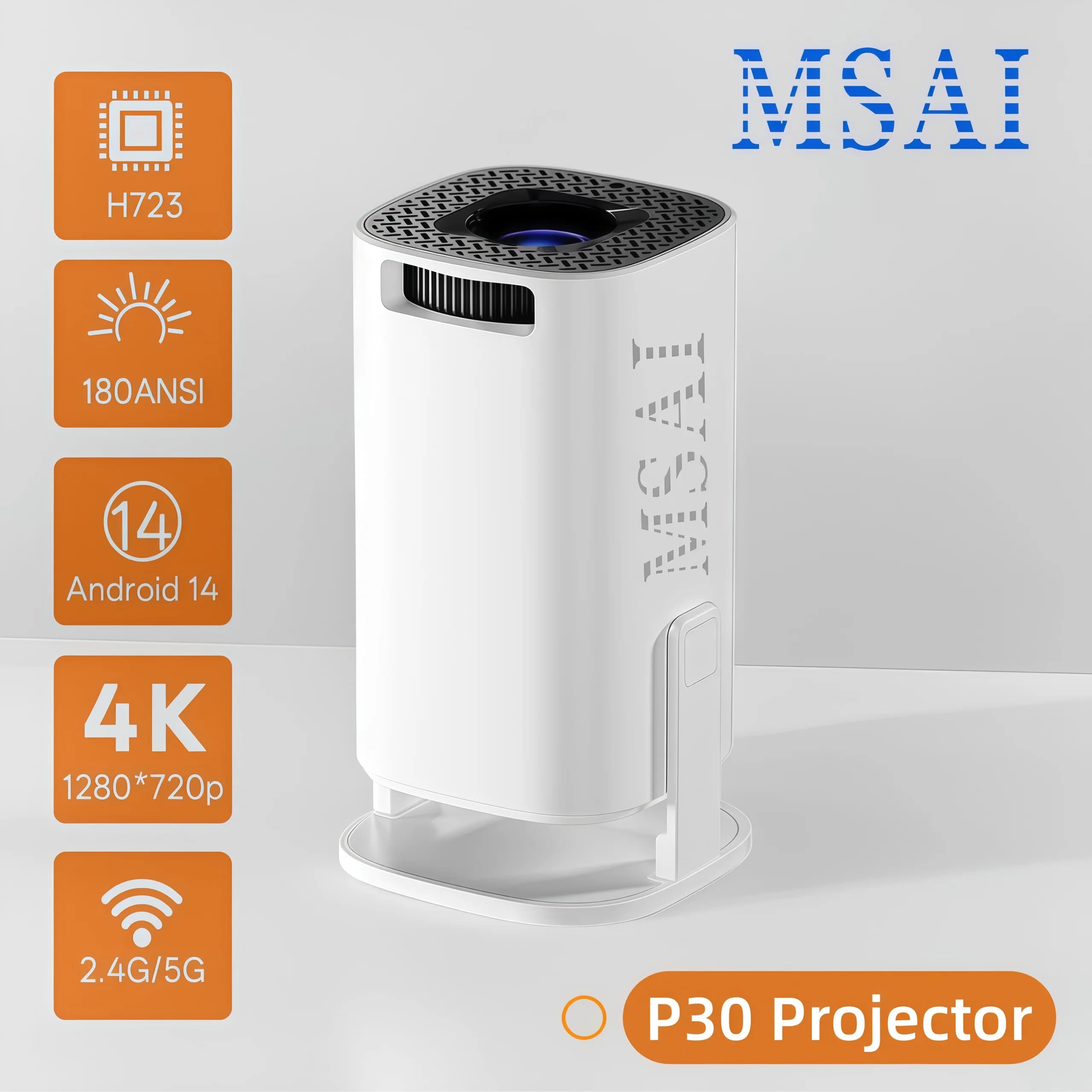 Proiettore MSAI P30 180 ANSI HDR10, nativo 720P, supporto 4K, sistema operativo Android 14 Smart, WiFi6 e BT5.4, streaming veloce, schermo da 40-120” per la casa