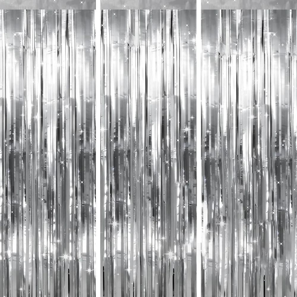 Metallic Silver Tinsel Fringe Curtain, 3 Pack 3.2x6.5 Feet, Party Photo Backdrop for Various Celebrations