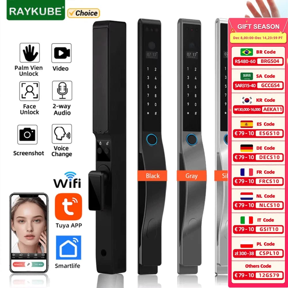 RAYKUBE DQ10 Tuya WiFi Palm Vein Smart Lock impermeabile 3D Riconoscimento facciale Blocco impronte digitali con APP Videochiamata Sblocco