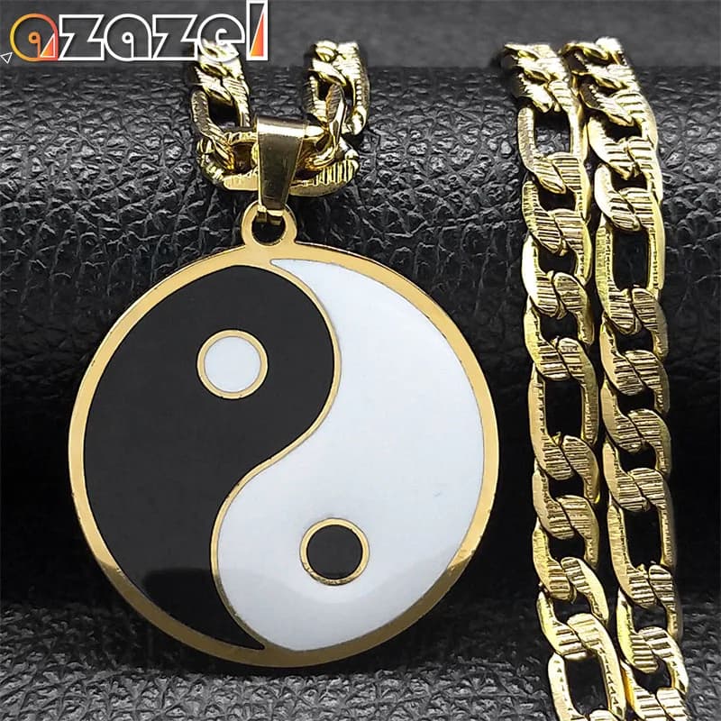 Yin Yang Tai Chi Sign Enamel Pendant Necklace for Men Stainless Steel Gold Plated Chinese Taoism Ba Gua Chain Jewelry Gifts